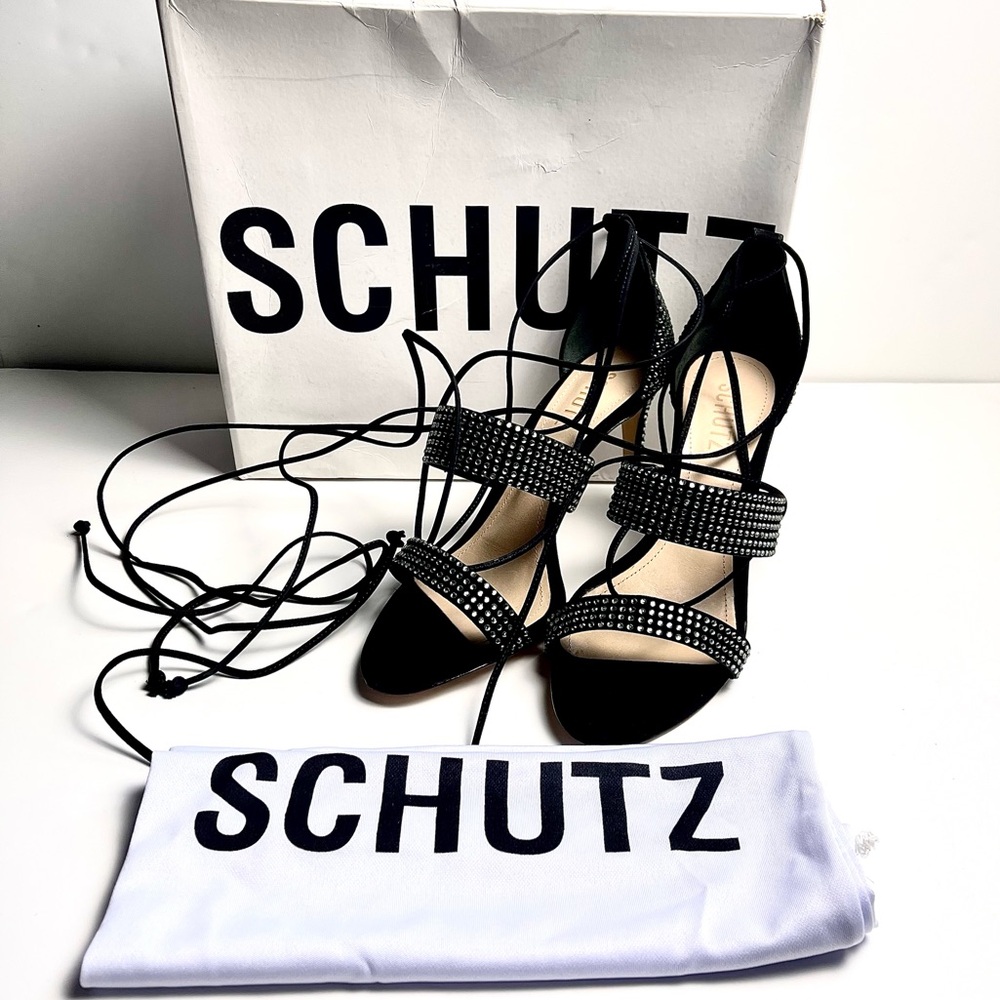 Schultz Sybil Black Open Toe Nubuck Leather Lace Up High Heel Stiletto Sandals